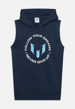 Navy sleeveless hoodie with light blue stylized M logo and text "Follow Your Dreams, Never Give Up" in white circle on front.