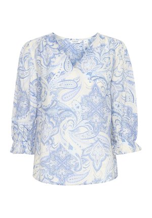 Lichte blouse in lichtcrème met een blauw paisleypatroon. Heeft een V-hals en opgezette mouwen met rimpelende manchetten. Zachte, gestructureerde stof.
