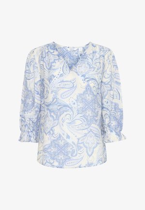 Lekka bluzka w jasnym kremowym kolorze z niebieskim wzorem paisley. Posiada dekolt w kształcie litery V oraz puffowane rękawy z falbankami na mankietach. Miękka, teksturowana tkanina.