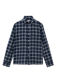 Camicia blu navy a maniche lunghe con motivo a quadri bianchi, dotata di colletto classico e taschino sul petto. Tessuto morbido.