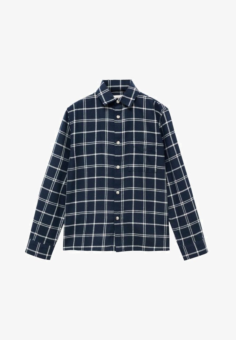 Camicia blu navy a maniche lunghe con motivo a quadri bianchi, dotata di colletto classico e taschino sul petto. Tessuto morbido.