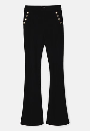 Black flared pants made from soft fabric, featuring metallic button accents on the front pockets and clean stitching details.