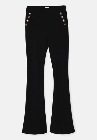 Black flared pants made from soft fabric, featuring metallic button accents on the front pockets and clean stitching details.