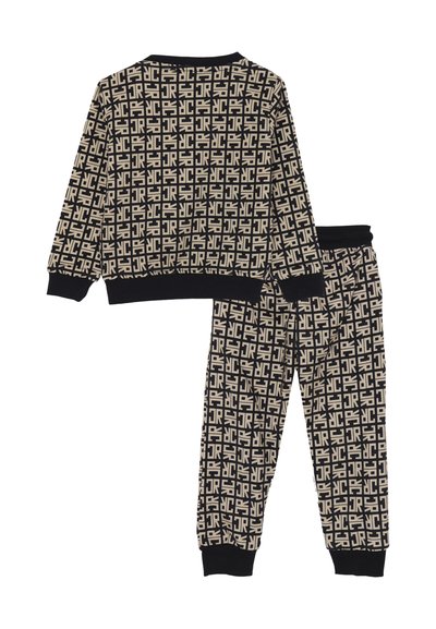 Set di abbigliamento loungewear a motivo nero e beige, composto da una felpa con colletto tondo e pantaloni abbinati con polsini e vita a costine.