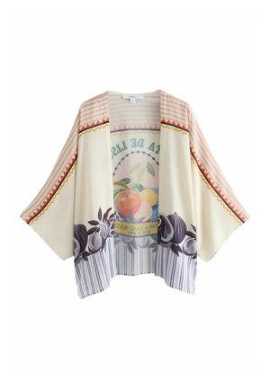 Light kimono-style jacket with wide sleeves, featuring fruit and floral prints, striped and geometric patterns in soft pastel and earthy tones.