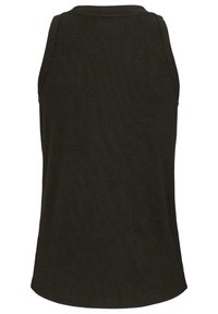 Czarny bezrękawnik wykonany z prążkowanej tkaniny. Okrągły dekolt i luźny krój. Tył jest gładki, z ukazaniem jedwabistej struktury. Brak ozdób.