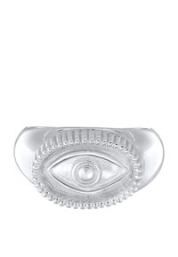 Silverring med en oval ögonformad design med en pärla i mitten, texturerade kanter och en slät, polerad yta.