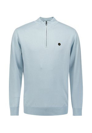 Lichtblauw langemouwen pullover met een ritskraag, ribgebreide mouwen en zoom, en een klein zwart en geel hexagonaal logo op de linkerborst.
