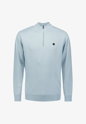 Lichtblauw langemouwen pullover met een ritskraag, ribgebreide mouwen en zoom, en een klein zwart en geel hexagonaal logo op de linkerborst.