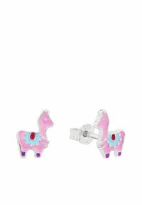 Pendientes de perlas en forma de llama rosa con metal plateado brillante, acentos azules y rojos, y un acabado brillante, adecuados para accesorios divertidos.