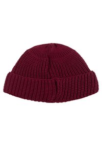 Bordowa dzianinowa czapka z teksturowanym prążkowanym wzorem i złożonym mankietem. Wykonana z miękkiej przędzy, zaprojektowana z myślą o ciepłe i komforcie.