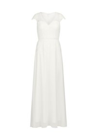 Weißes A-Linie-Kleid mit kurzen Spitzensäumen, V-Ausschnitt, Spitze details an der Taille und einem fließenden Rock. Rückenreißverschluss.