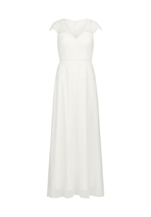 White A-line dress with capped lace sleeves, a V-neckline, lace detailing at the waist, and a flowing skirt. Back zipper closure.