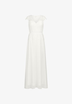 White A-line dress with capped lace sleeves, a V-neckline, lace detailing at the waist, and a flowing skirt. Back zipper closure.