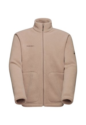 Beige fleece jack met hoge kraag, rits aan de voorkant en twee zijzakken. Voorzien van een geborduurd logo aan de linkerzijde, textuurstof.