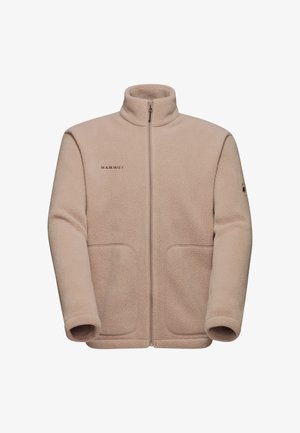 Beige fleece jack met hoge kraag, rits aan de voorkant en twee zijzakken. Voorzien van een geborduurd logo aan de linkerzijde, textuurstof.