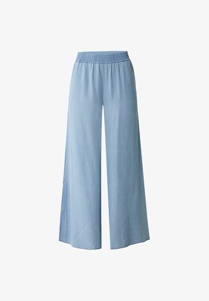 Lys blå vide bukser lavet af blødt stof, med en elastisk talje for komfort. Designet tilbyder en løs pasform og et afslappet udseende.