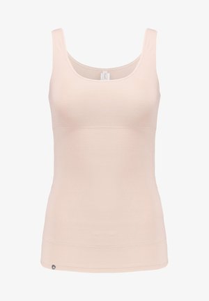 Lys rosa tanktopp med en tettsittende design, laget av myk, elastisk stoff. Har brede skulderstropper og en sømløs, glatt tekstur.