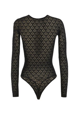 Schwarzer Bodysuit mit langen Ärmeln, der ein aufwendiges Cut-out-Design in Wellenmuster aufweist, aus weichem Material gefertigt ist und einen BH-Rücken hat.