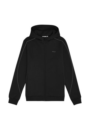 Sort zip-up hoodie lavet af blødt stof, med en hætte med snoretræk, ribbede manchetter og lys grå accentstriber langs siderne.