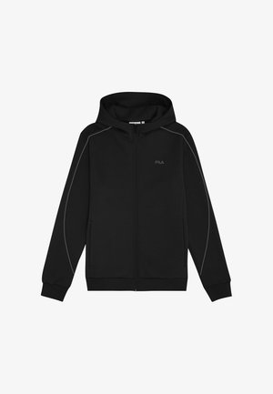 Svart zip-up hoodie i mjukt tyg, med dragsko på huvan, ribbade ärmslut och ljusgrå accentlinjer längs sidorna.