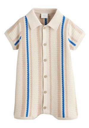 Bézs kötött baba overál rövid ujjakkal, gallérral, gombos elől, valamint függőleges kék és világosbarna csíkokkal.
