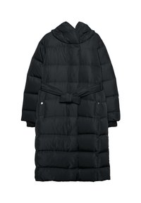 Cappotto imbottito nero lungo con cappuccio e cintura in vita, mostrato da dietro su uno sfondo bianco.