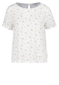 Hvid kortærmet bluse med rund halsudskæring og keyhole-detalje bagpå, med et gentaget mønster af guldsmede i marineblå.