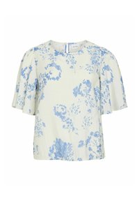 Blusa floreale con maniche corte a campana in tessuto color crema chiaro, decorata con motivi di fiori blu. Collo rotondo con chiusura a bottoni sul retro.