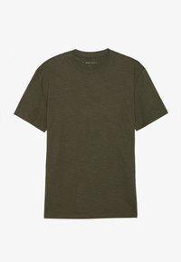Olive green cotton t-shirt with short sleeves, crew neck, and a subtle texture; features a straight hem and no patterns or accents.