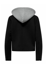 Crna jakna dugih rukava s sivim kapuljačom, vidljivim šavovima i dugmadima na manžetama, prikazana s leđa na bijeloj pozadini.