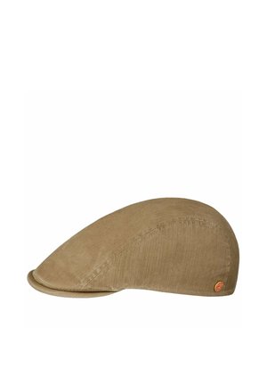Brown flat cap made of corduroy fabric with a small round orange logo on the side, shown from a side view.