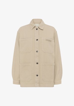 Beige denim jacket with a button-up front, two chest pockets, and two side pockets. Features a classic collar and embroidered brand logo.