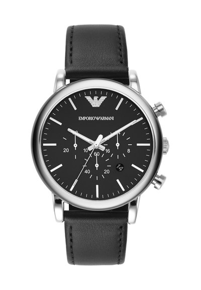 Emporio Armani Chronograph mit schwarzem Zifferblatt, silbernem Gehäuse, schwarzem Lederarmband, drei Unterzifferblättern und Datumsanzeige bei 4 Uhr.