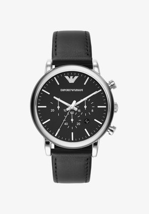 Schwarze Chronographuhr mit Gehäuse in Silberfarbe, Mineralglas und schwarzem Lederarmband. Verfügt über ein schwarzes Zifferblatt mit weißen Stundenmarkierungen und Datumsanzeige.