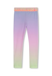 Leggings da bambini con una sfumatura di colore che va dal viola al rosa al verde e una larga fascia rosa in vita con la scritta "BILLIEBLUSH".