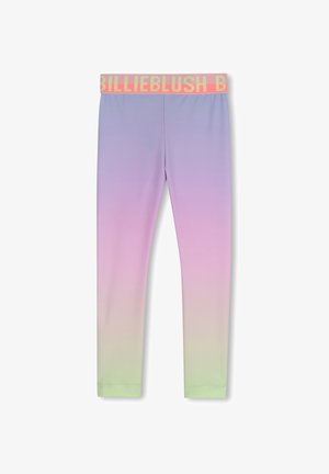 Kinderlegging met een kleurverloop van paars naar roze naar groen en een brede roze tailleband met de tekst "BILLIEBLUSH".