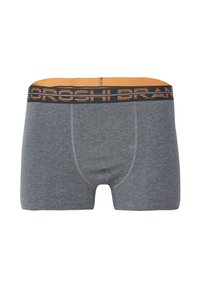 Boxer breifs grises con una cinturilla elástica naranja y negra que presenta el nombre de la marca. Material suave con un diseño ajustado.