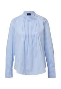 Camicia a maniche lunghe azzurro chiaro con righe bianche verticali. Presenta delle pieghe e cinque bottoni decorativi sulla spalla. Realizzata in tessuto morbido.
