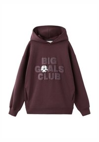 Fialová mikina s kapucí s velkým, texturovaným potiskem "BIG GOALS CLUB" a grafikou fotbalového míče. Žebrované manžety a lem.