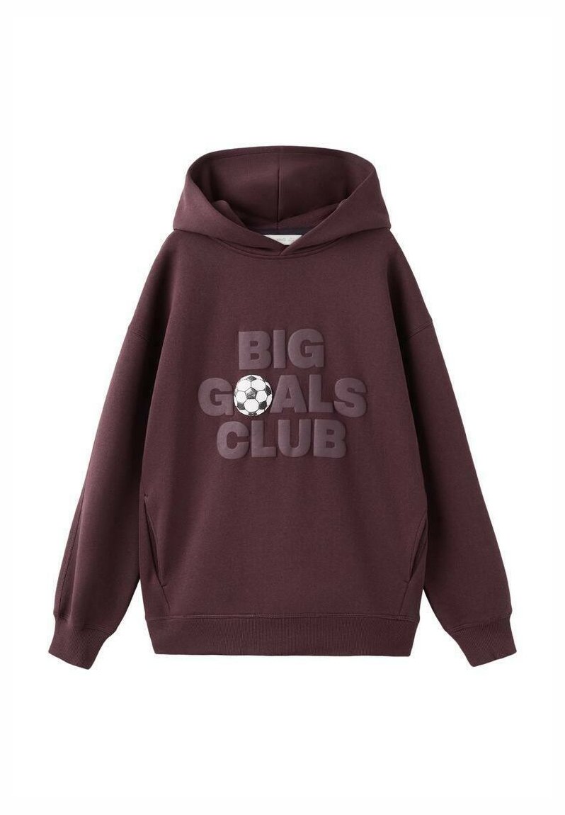 Fialová mikina s kapucí s velkým, texturovaným potiskem "BIG GOALS CLUB" a grafikou fotbalového míče. Žebrované manžety a lem.