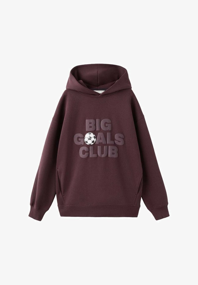 Fialová mikina s kapucí s velkým, texturovaným potiskem "BIG GOALS CLUB" a grafikou fotbalového míče. Žebrované manžety a lem.