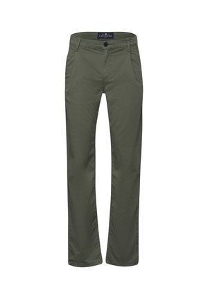 Olivegrüne Baumwollhosen mit geradem Schnitt, seitlichen Taschen und einem einzelnen Knopfverschluss. Mit subtiler Textur und Nähdetails.