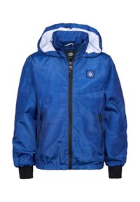 Jachetă albastră cu fermoar, prevăzută cu glugă, manșete elastice și un model geometric. Fabricată dintr-un material lucios, ușor, cu un logo vizibil.