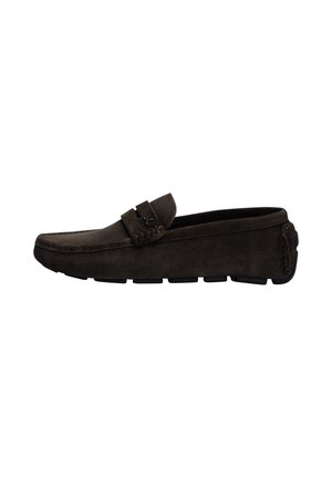 Dark brown suede loafer with moccasin stitching, strap detail across the top, and rubber sole grips for casual wear.
