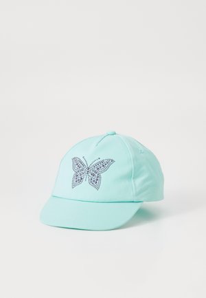 Myntegrønn caps med buet skjerm, prydet med et sommerfugldesign laget av metalliske rhinestones foran.
