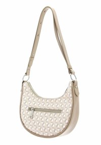 Borsa a spalla in pelle beige con un motivo geometrico, tasca con zip e una sola tracolla regolabile. Texture liscia e forma curvata.