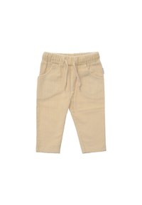 Helle beigefarbene Cordhosen mit gestreifter Textur, elastischem Bund, Kordelzug und zwei seitlichen Taschen. Knöchellanges Design.