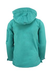 Veste softshell teal avec capuche, dotée d'une texture lisse, de poignets réglables et d'un design minimaliste. Comprend un logo sur la manche.