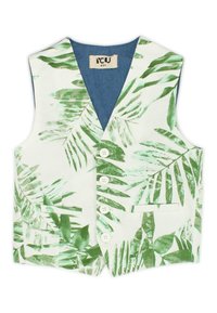 Gilet bianco con motivo a foglie verdi, dotato di scollo a V, quattro bottoni e due tasche frontali. Bordo in denim sul collo.
